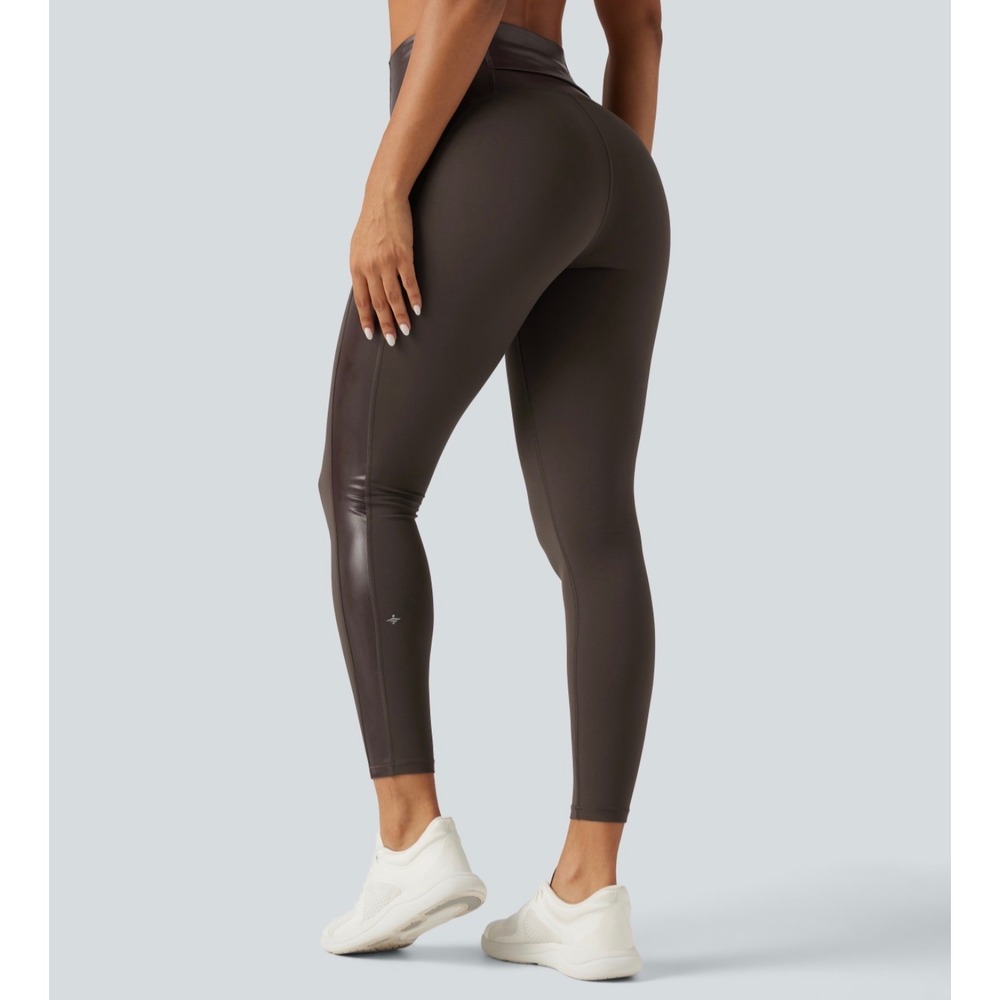 Halara Brown High Waisted PU Tummy Control Yoga Leggings Size S 7/8 NWT